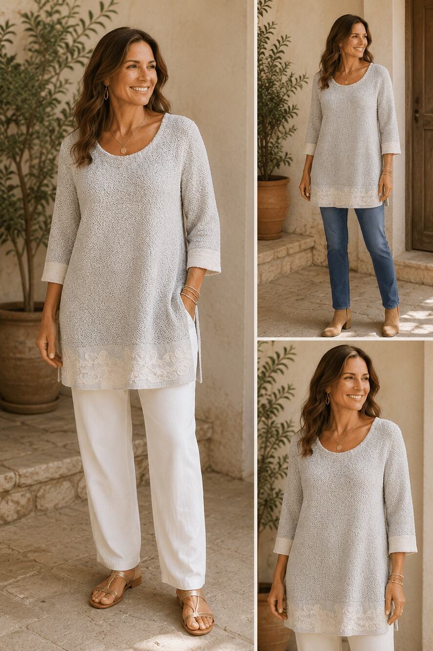Soft Surroundings Sweater Tunic Textured Embroidered Hem Lagenlook Black Cream